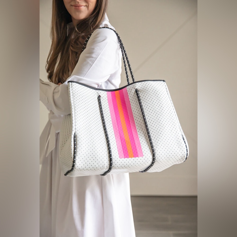 NEOPRENE TOTE, White with Pink & Orange Stripe, detachable pouch, beach tote